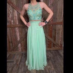 pink and green mehndi dress High Neck Two Piece Black And Mint Green Beads Long Prom Dress PFP0090 –  Promfast main image 1